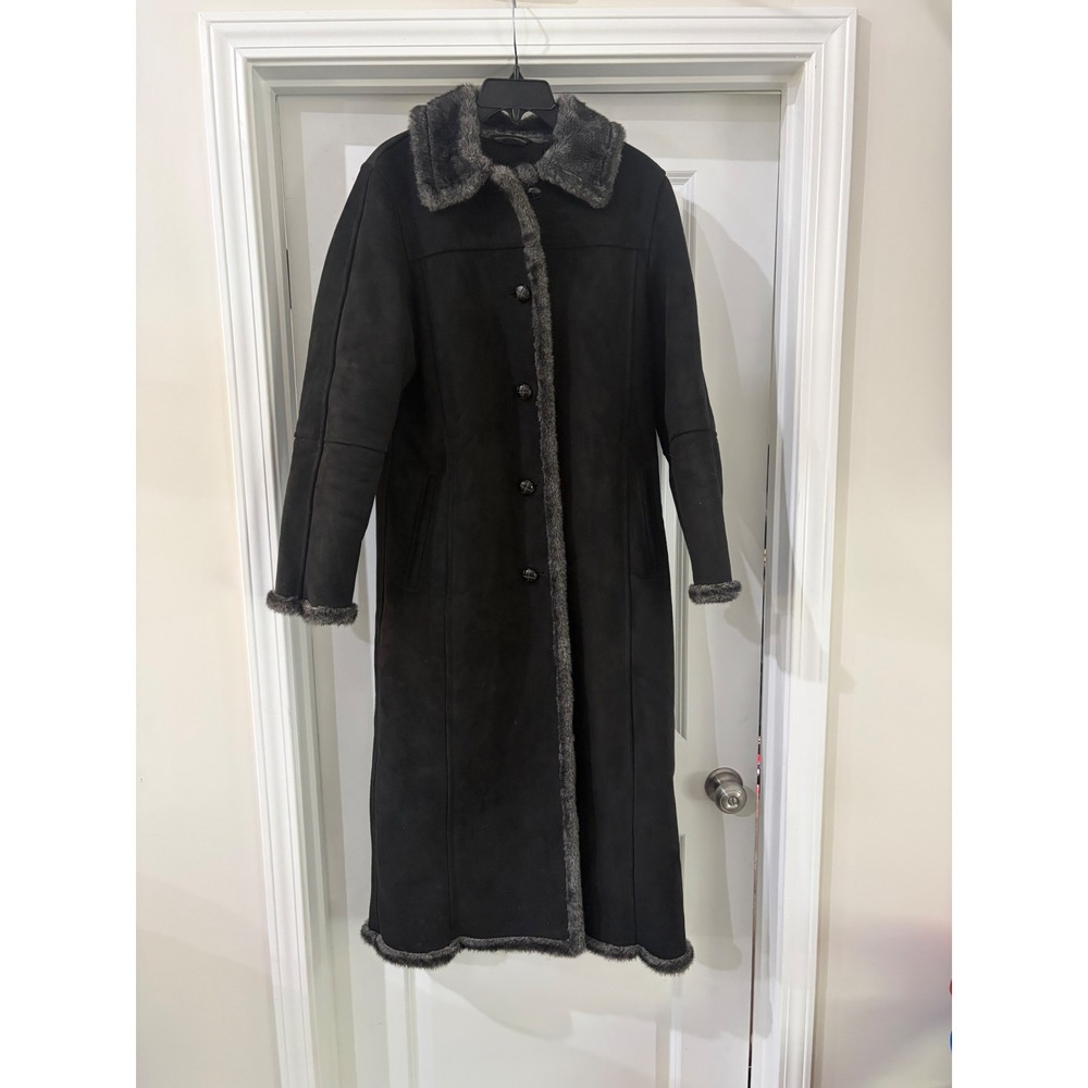 Utex Womens Black Faux Suede Shearling Long Duster Coat Grey Fur Trim Size M